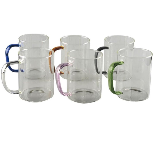 Glass Mug Set With Coloured Handles 420ml - Set of 6 | Large