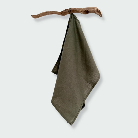 Pure Linen Tea Towel with Hanging Loop | Moss Green