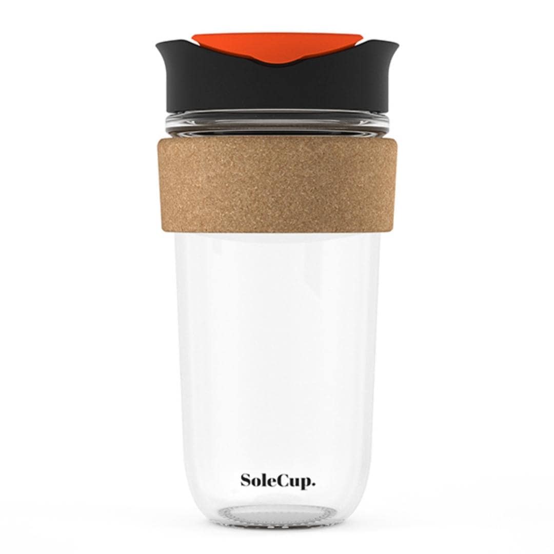 SoleCup Reusable Glass Travel Mug - Large (530ml / 18fl oz) | Black and Flame Orange Lid