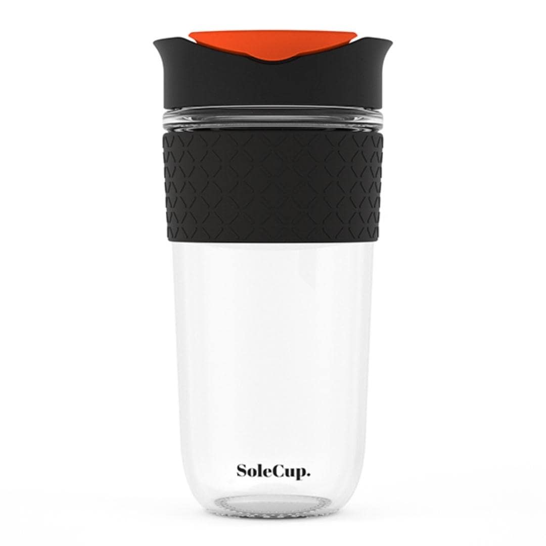 SoleCup Reusable Glass Travel Mug - Large (530ml / 18fl oz) | Black and Flame Orange Lid