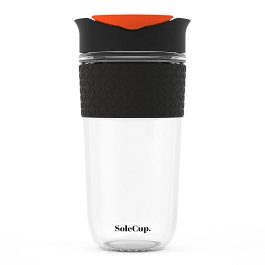 SoleCup Reusable Glass Travel Mug - Large (530ml / 18fl oz) | Black and Flame Orange Lid