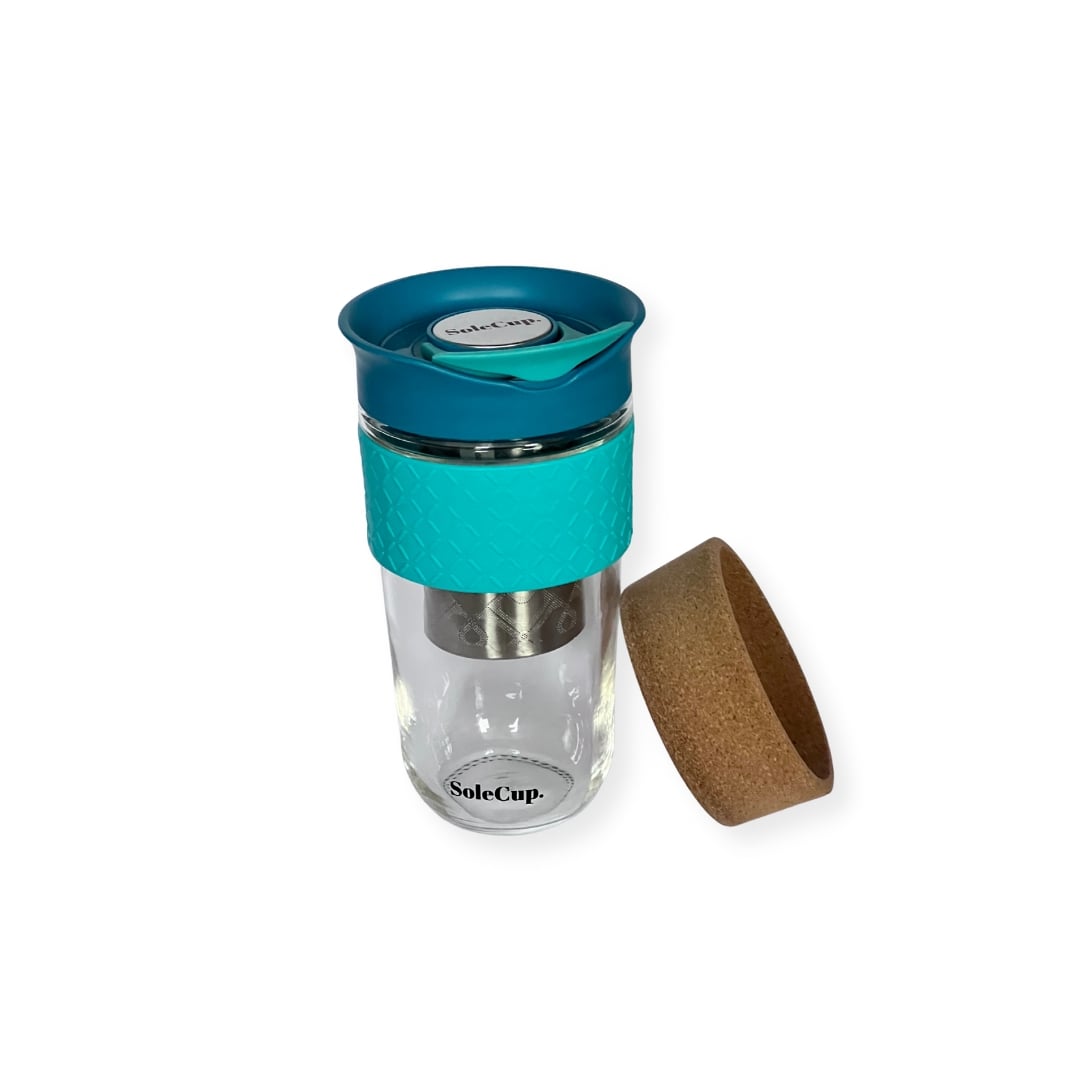 SoleCup Reusable Glass Travel Mug - Large (530ml / 18fl oz) | Sky Blue and Turquoise