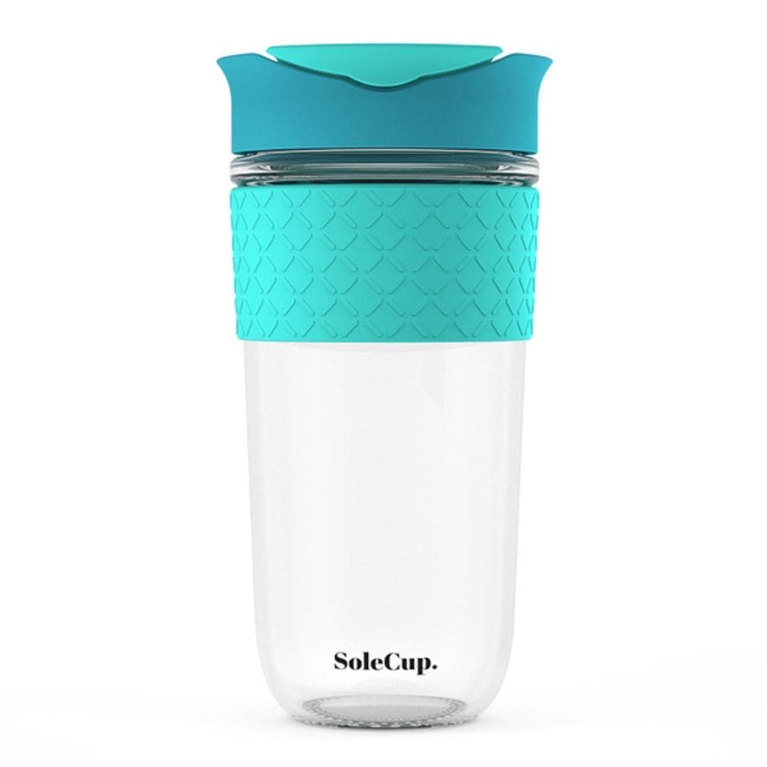 SoleCup Reusable Glass Travel Mug - Large (530ml / 18fl oz) | Black and Flame Orange Lid