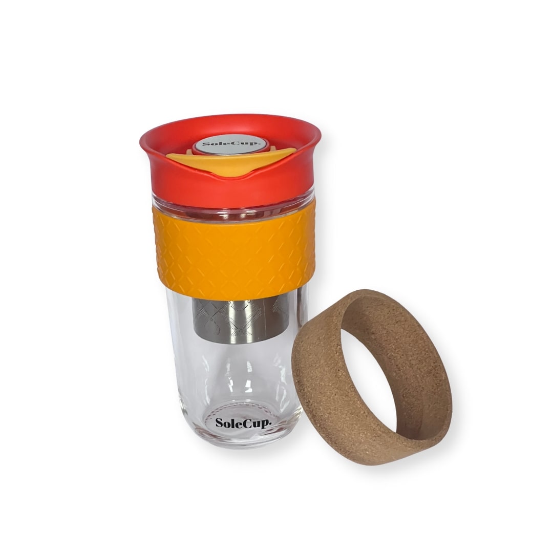 SoleCup Reusable Glass Travel Mug - Large (530ml / 18fl oz) | Black and Flame Orange Lid