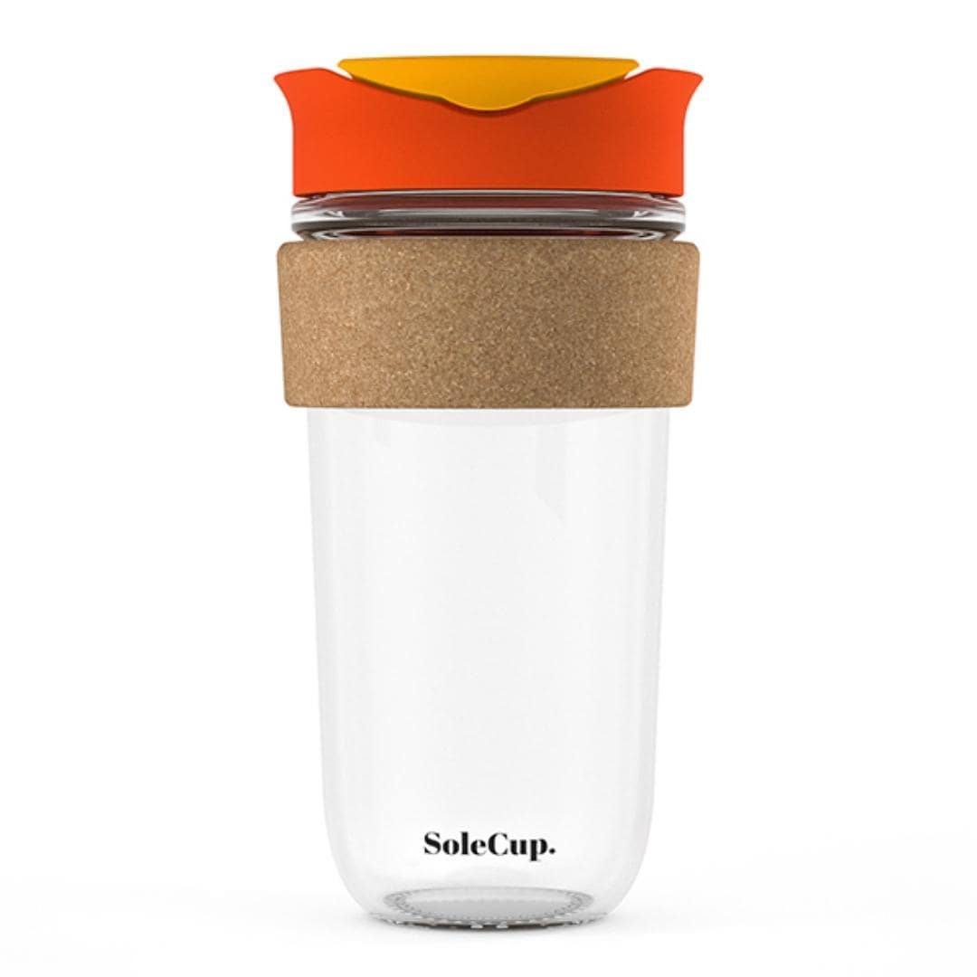 SoleCup Reusable Glass Travel Mug - Large (530ml / 18fl oz) | Black and Flame Orange Lid